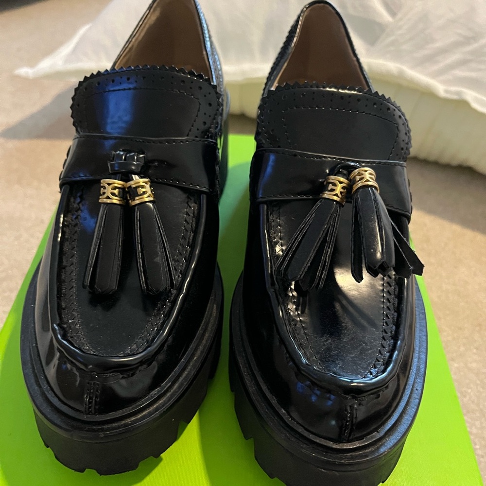 Sam Edelman Glossy Black Loafers with Gold Accents